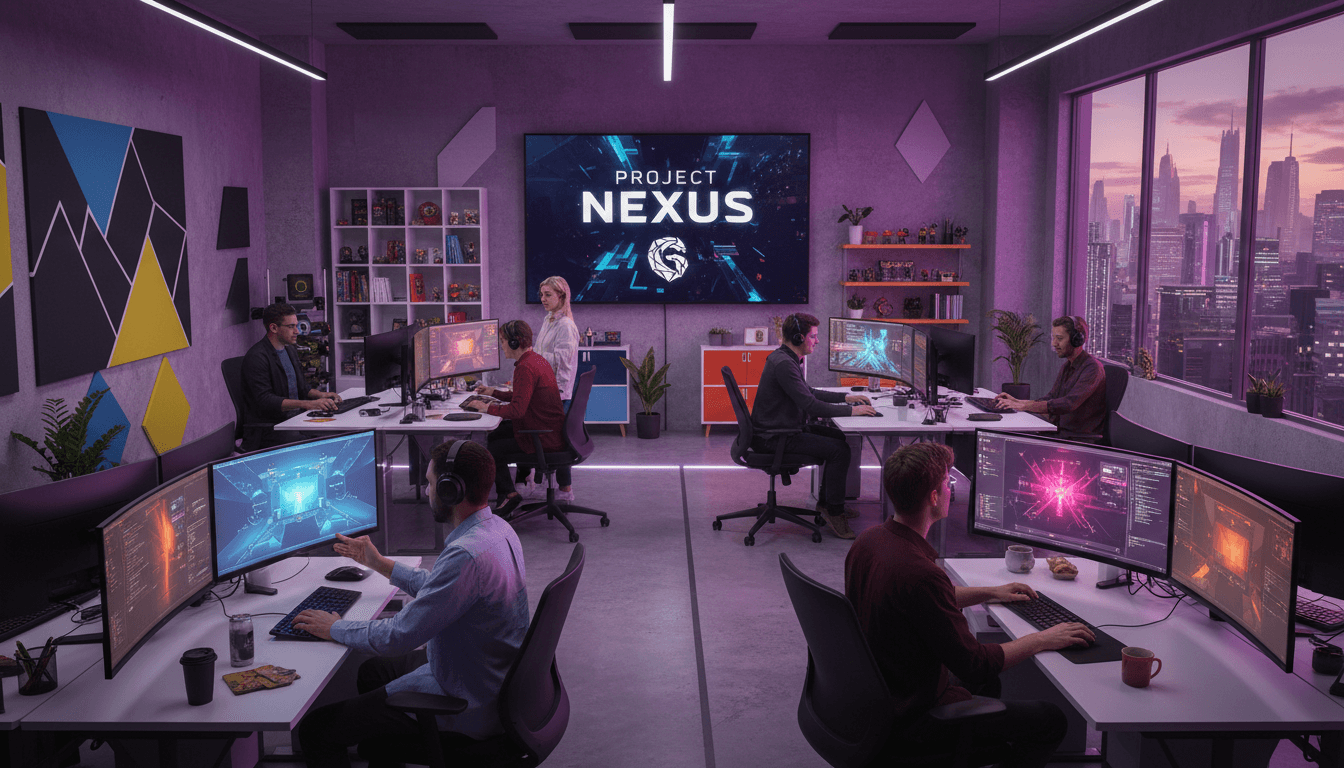 Equipo de desarrollo trabajando en un estudio moderno con pantallas de videojuegos