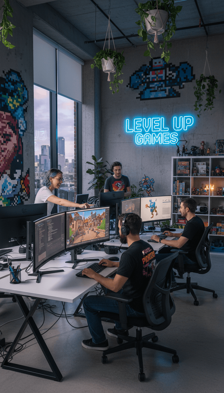 Equipo de desarrollo trabajando en un estudio moderno con pantallas