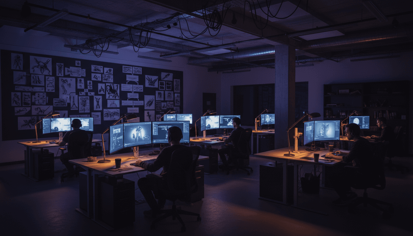 Wide cinematic photo of a small Latin American game studio at night: three developers at dual-monitor desks, concept art and game levels on screens, warm desk lamps, no signage, no logos, no readable text anywhere in the frame