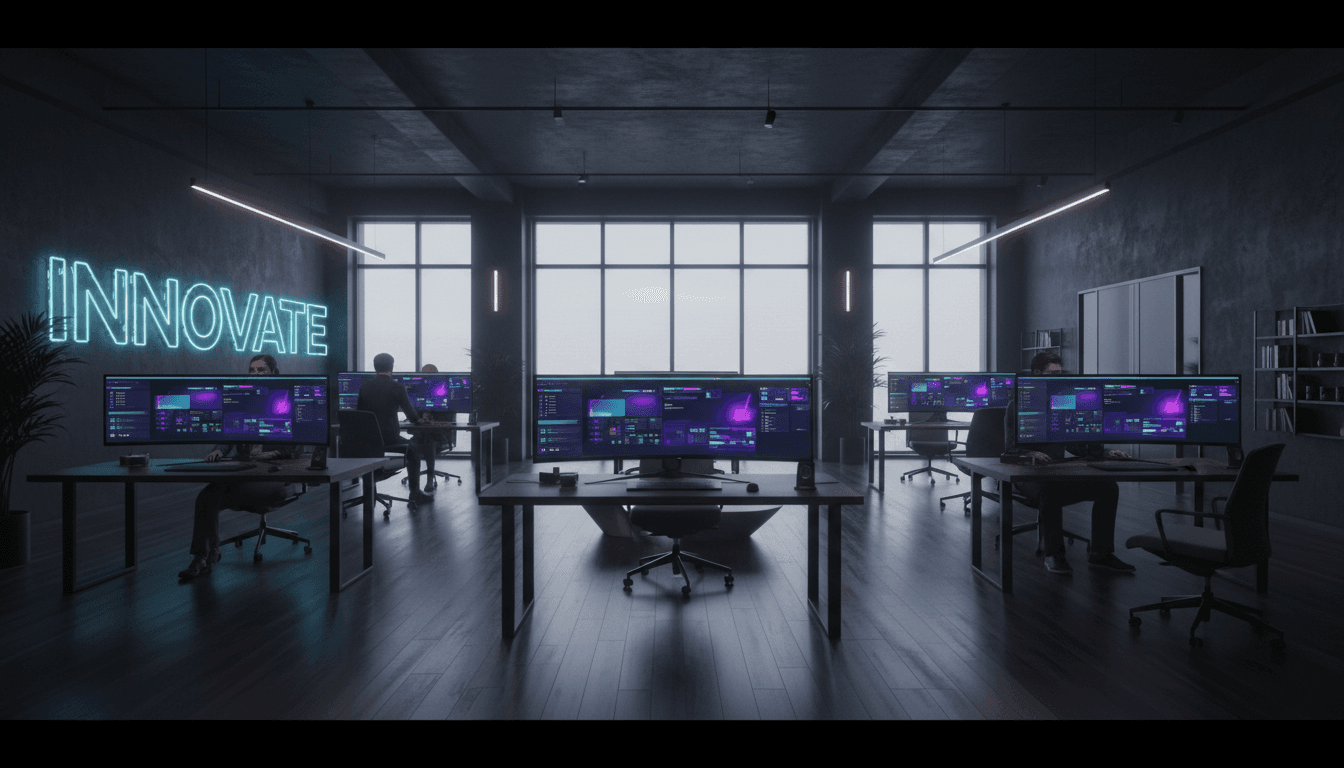 Open-plan software studio in Panama City at dusk, dual monitors with dark UI, cables and sticky notes, cinematic wide shot, cool blue window light